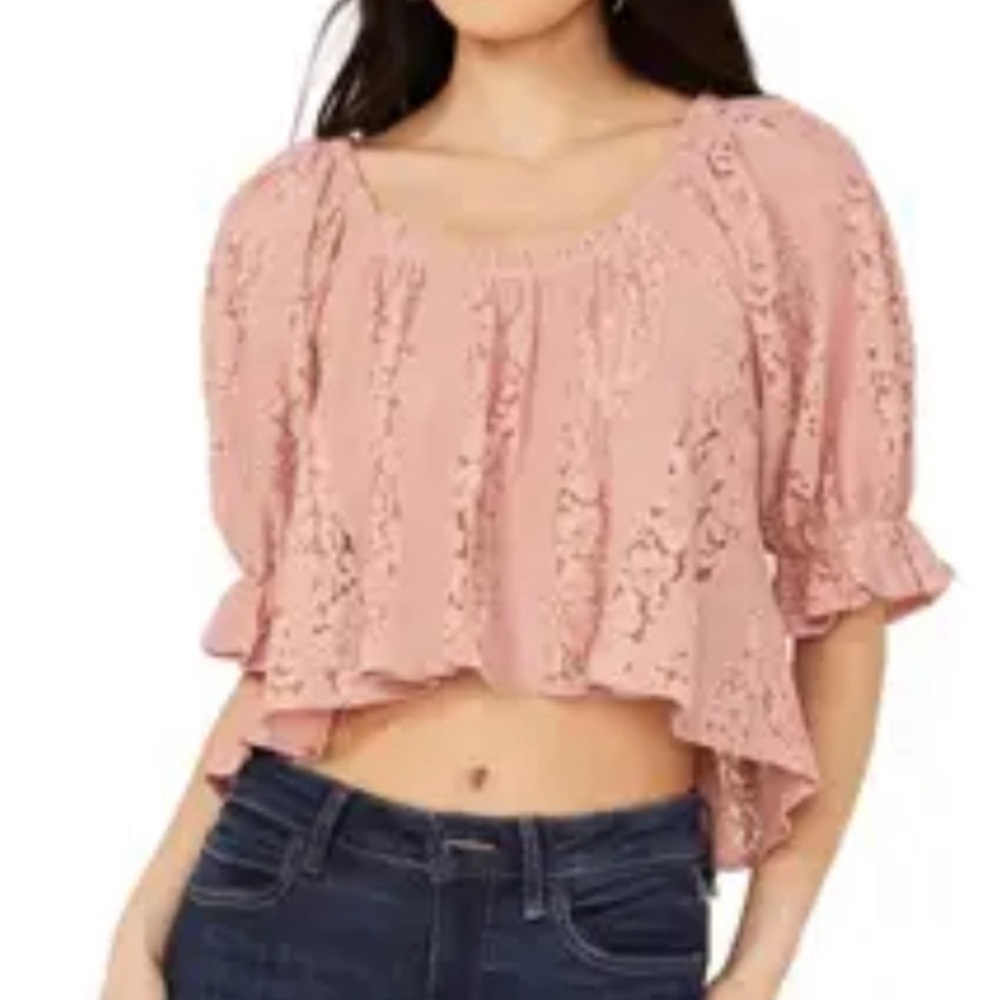 Free People lunch Pink Puff Sleeve Cropped lace Stacey Blouse small